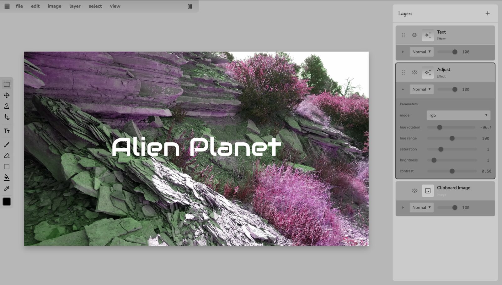 Layers editor with a layer stack, effect controls, and an image on the canvas