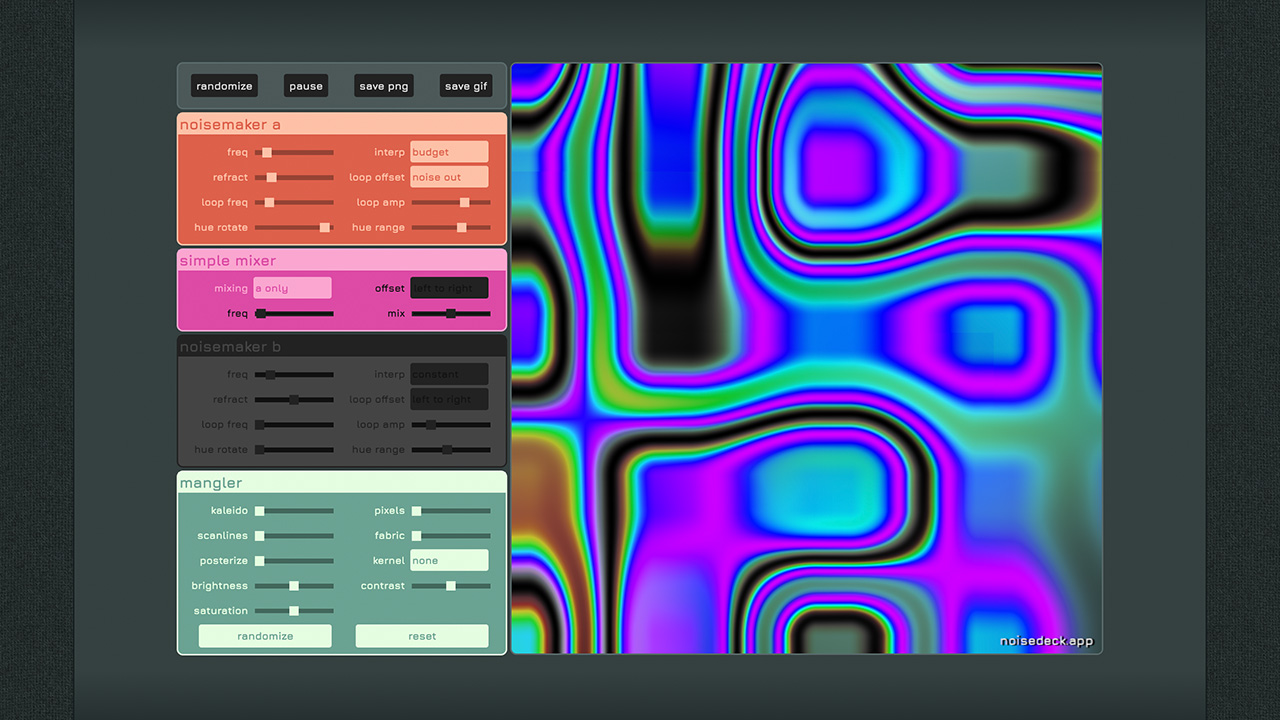 Noisedeck historical screenshot. A very simple and bare-bones web app. On the left, a stack of modules with input controls. On the right, a colorful canvas.