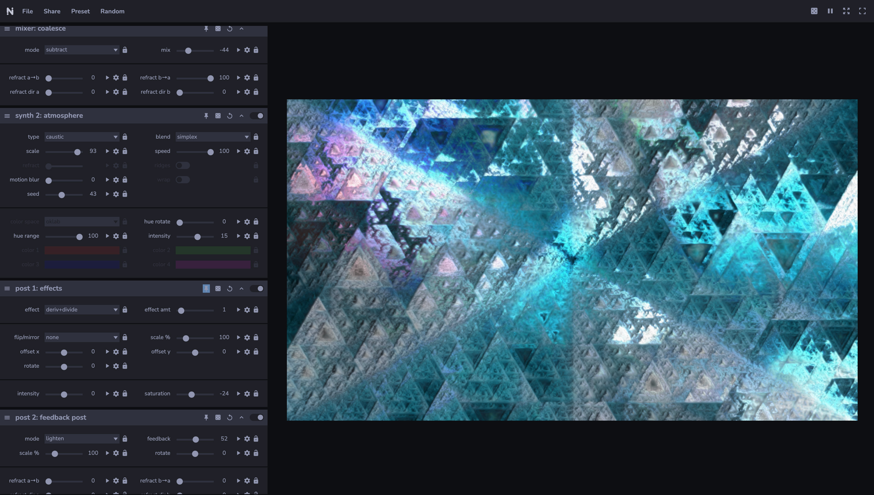 Noisedeck screenshot. On the left, a stack of modules with input controls. On the right, a colorful canvas.