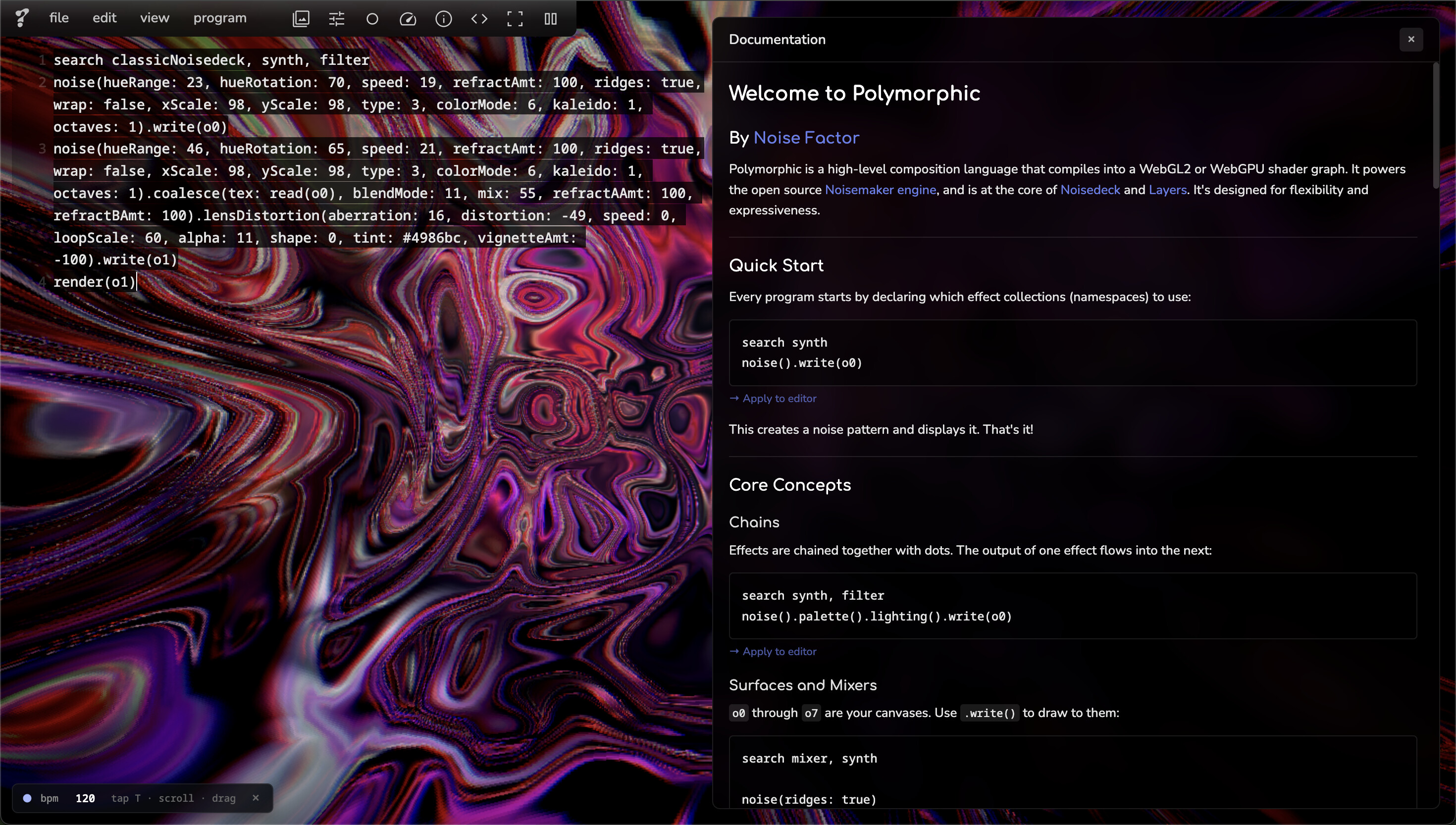 Polymorphic with a program on the left over a full-page shader canvas and the documentation panel open on the right