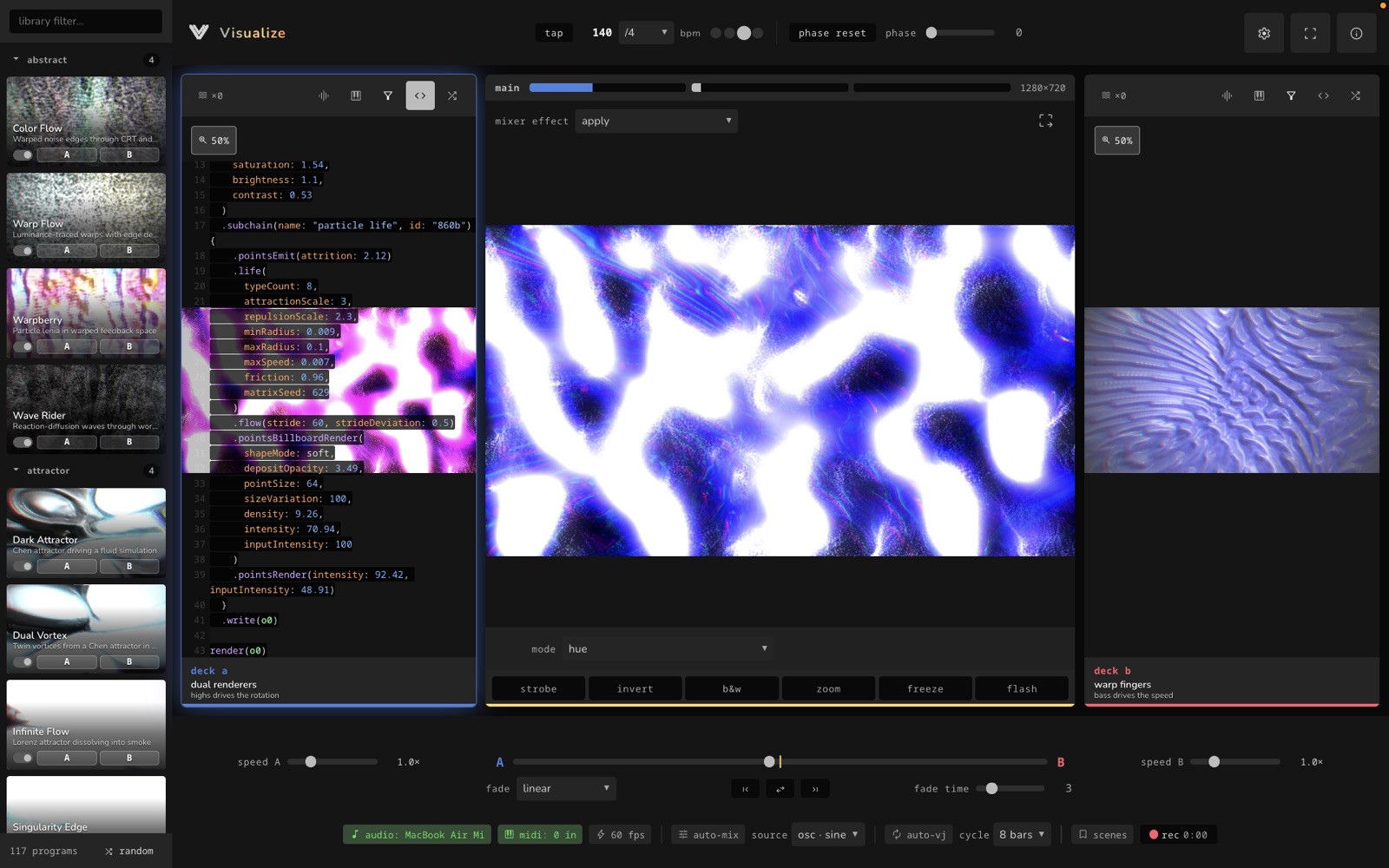 Noisedeck Visualize with two program decks and a crossfader